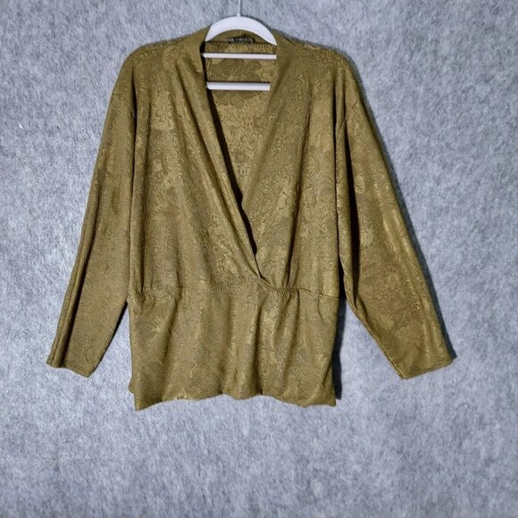Zara Women Blouse M Olive Floral Long Sleeve V Neck Jacquard Garden Cottagecore - Picture 1 of 7